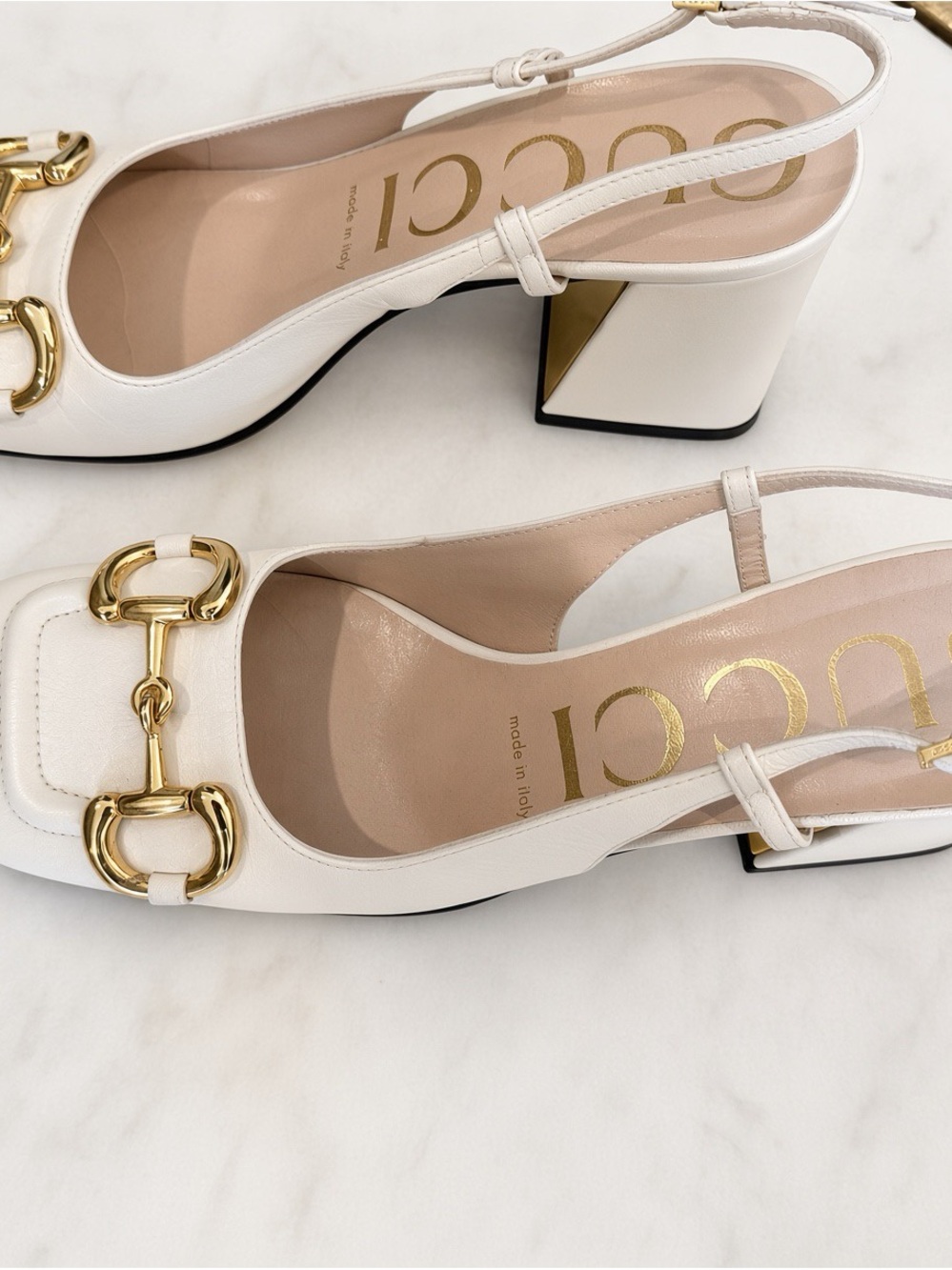 Gucci Cream Leather Slingback Block Heels with Gold Hardware - Picture 3 of 5